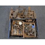 A wooden tray and a crate containing a large quantity of wooden joinery tools, cobbler's last,