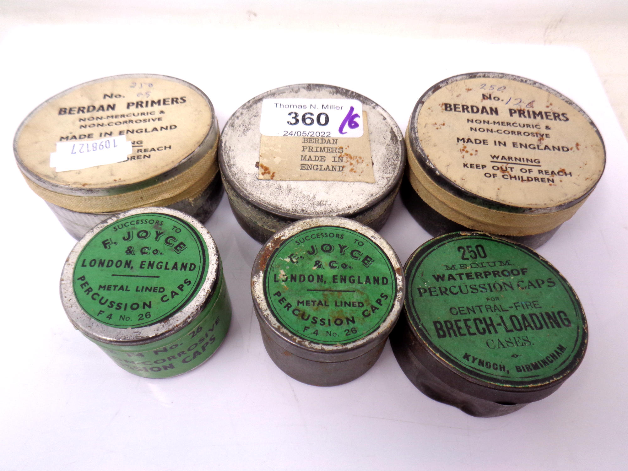 Six tins of percussion caps by F. Joyce & Co, Berdans, etc.