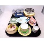 A tray containing assorted ceramics to include Royal Doulton rose bowl teacup and saucer,