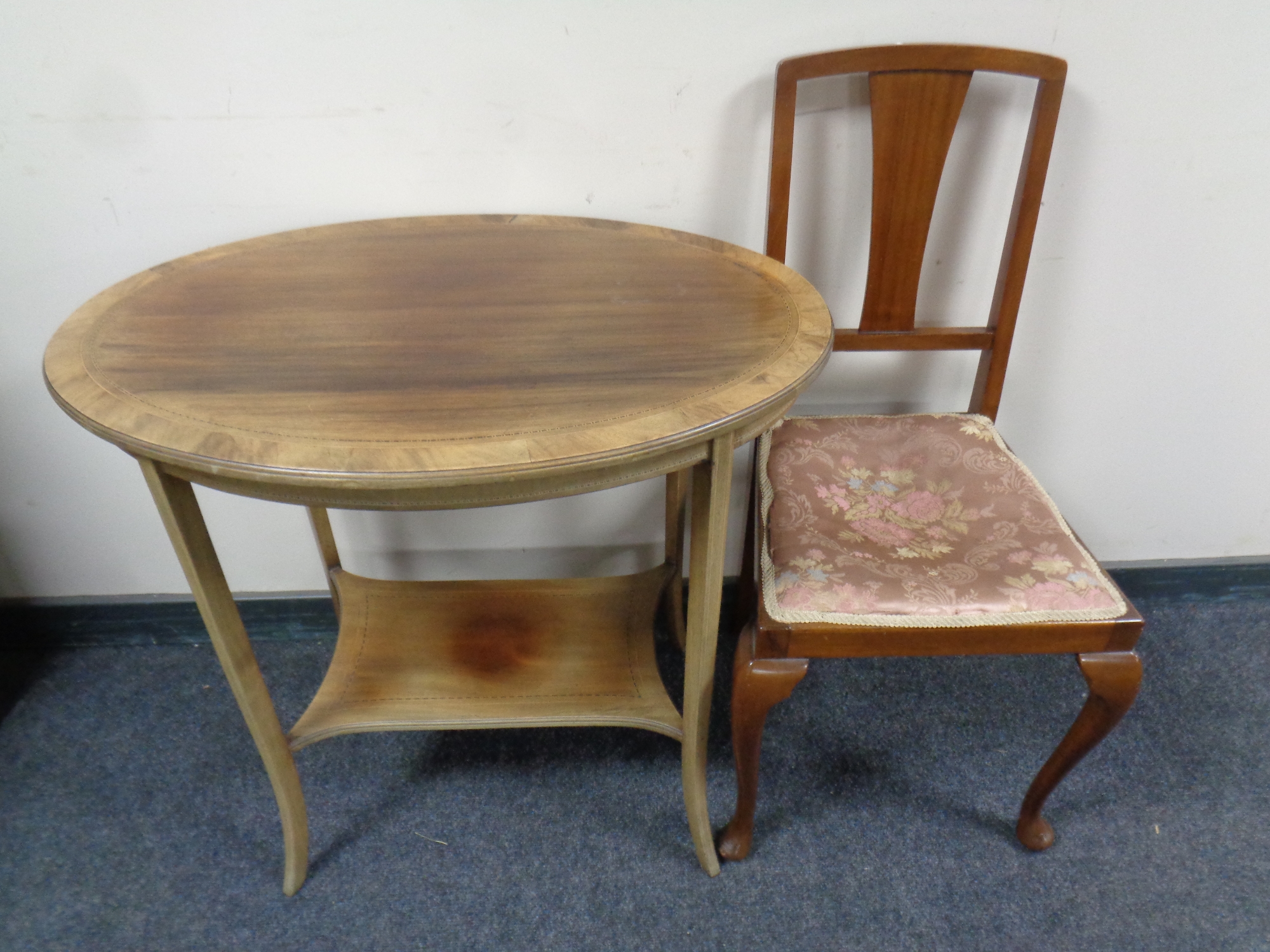 An Edwardian inlaid mahogany two-tier occasional table together with a bedroom chair
