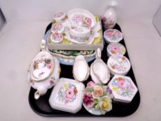 A tray containing assorted ceramics to include Wedgwood Meadow Sweet trinket dishes and lidded pots,