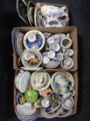 Three boxes containing a large quantity of ceramics to include chamber pot, plant pots, tea ware,