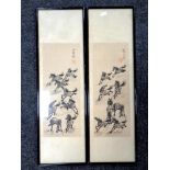 A pair of Japanese watercolours on silk of galloping horses, framed.