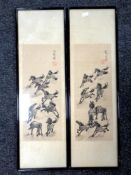 A pair of Japanese watercolours on silk of galloping horses, framed.