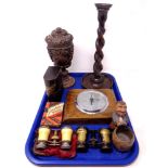 A tray containing miscellanea to include Edwardian oak barely twist candlestick,