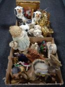 Two boxes containing contemporary figures, Native American figures, Staffordshire style dogs,