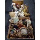 Two boxes containing contemporary figures, Native American figures, Staffordshire style dogs,