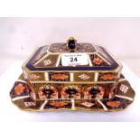 A Royal Crown Derby Imari pattern lidded rectangular dish, on a fixed scallop-edged base,
