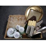 A box containing Denby tea ware, plated and stainless steel cutlery, antique glasses,