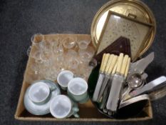 A box containing Denby tea ware, plated and stainless steel cutlery, antique glasses,