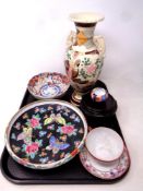 A tray containing Oriental wares to include Imari scalloped edge bowl, character marks to base,