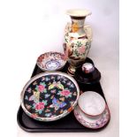 A tray containing Oriental wares to include Imari scalloped edge bowl, character marks to base,