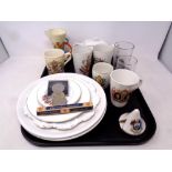 A tray containing antique and later commemorative china.