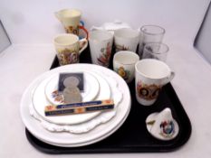 A tray containing antique and later commemorative china.