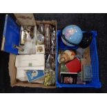 A box and a crate containing miscellany to include cutlery, table lighters, desk stand,