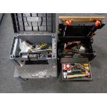 A two step tool carrier together with a Black and Decker work mate work box containing assorted