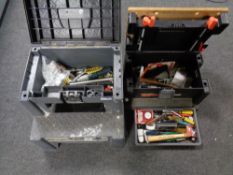 A two step tool carrier together with a Black and Decker work mate work box containing assorted