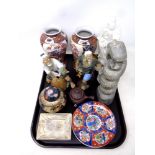 A tray containing Oriental export wares to include cabinet plates, vases, figures,