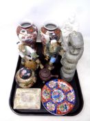 A tray containing Oriental export wares to include cabinet plates, vases, figures,