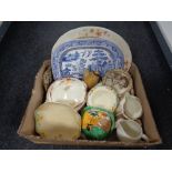 A box containing antique and later ceramics to include 19th century willow patterned meat plates,