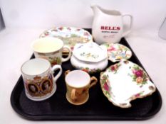 A tray containing assorted ceramics to include Royal Albert Old Country Roses cabinet plates,