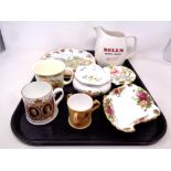 A tray containing assorted ceramics to include Royal Albert Old Country Roses cabinet plates,