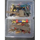Two plastic storage crates with lids containing assorted hand tool, Ryobi hammer drill,