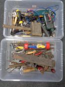 Two plastic storage crates with lids containing assorted hand tool, Ryobi hammer drill,