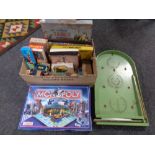 A box containing vintage and later games to include Pelham stable tennis, Mickey Mouse Ludo,