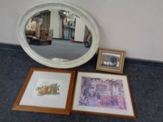 A contemporary oval framed mirror together with an oil on panel of a rural homestead, framed,