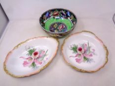 A tray containing a Maling lustre bowl (a/f) together with two further CTM & sons floral patterned