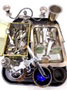 A tray of assorted plated wares to include a large collection of crested spoons, serving dish,