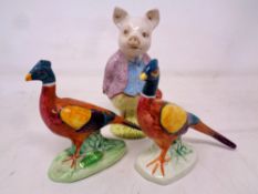 Two Beswick figures of pheasants together with a further Beswick Beatrix Potter figure Pigling