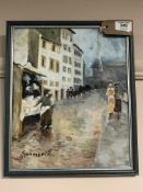 Guarneri Renato : Figures in a Continental Street, oil on panel, signed, 35 cm x 25 cm, framed.