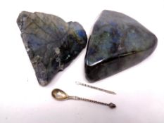 Two highly polished Labradorite crystal rocks together with a silver mustard spoon and pick