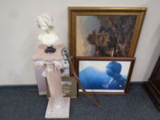 A painted chalk Corinthian column pedestal together with a further chalk bust of a girl,