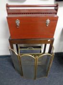 A stained wooden toolbox together with a two tier occasional table,