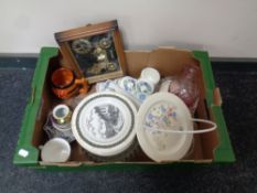 A box of miscellaneous glass ware and ceramics to include Wedgwood Clementine cabinet china,