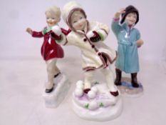 Three Royal Worcester winter figures : December (3458) January (3452) February (3453) Modelled by F.