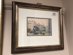 Peter Knox (b. 1942) : Trams with Figures in a Street, watercolour, signed, 9 cm x 14 cm, framed.