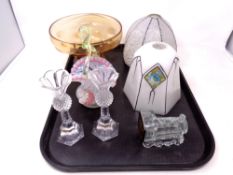 A tray of assorted glass ware to include Venetian glass basket, Art Deco light shades,