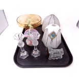 A tray of assorted glass ware to include Venetian glass basket, Art Deco light shades,