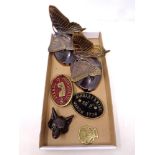 A box containing metal items to include a bronze fox head, a horse brass,