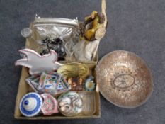 Two boxes containing miscellaneous glass ware and ceramics, Royal Doulton character jugs,