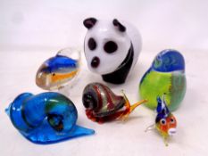 Six art glass figures to include a panda, fish, bird,