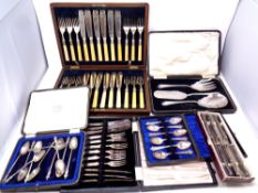 A tray of six canteens and boxes of assorted plated and stainless steel cutlery