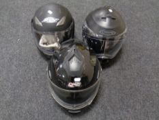 Three motorcycle helmets by Shox etc