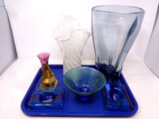 A tray containing assorted glassware to include a pair of Karen-Brunn Harr glass tea light holders,