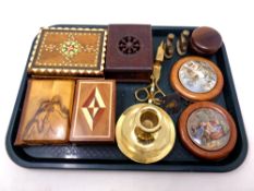 A tray containing miscellanea to include two 19th century pot lids in frames, wooden trinket boxes,