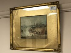 Stanley Brinton : Fishing Boats Moored by a Jetty, signed, dated 1918, 14 cm x 17 cm, framed.